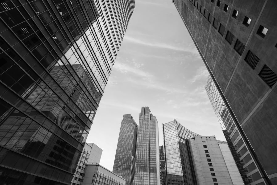 Upward shot of city skyscrapers